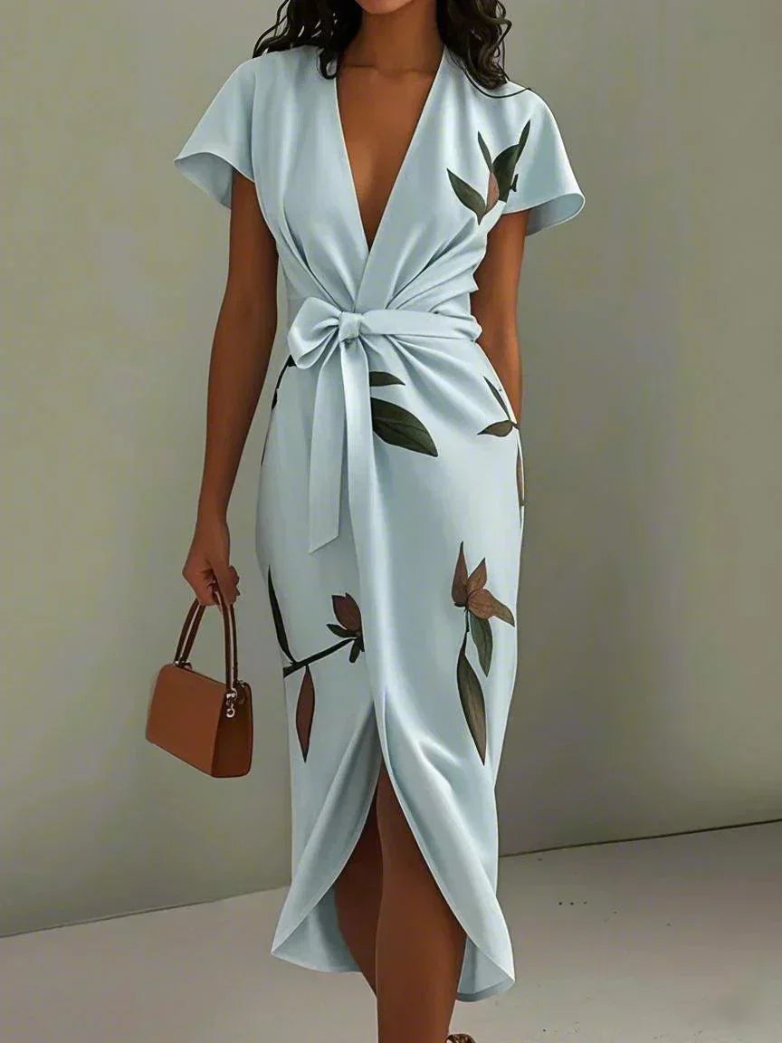 Women’s Floral Satin Wrap Midi Dress with Tie Waist