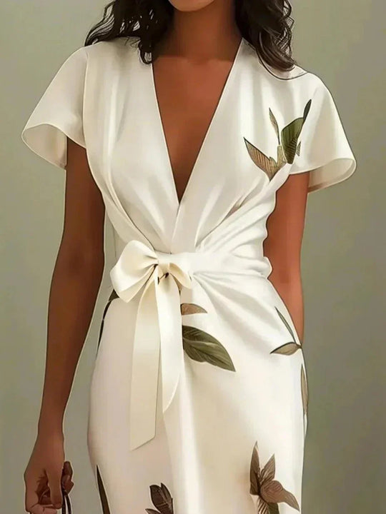 Women’s Floral Satin Wrap Midi Dress with Tie Waist