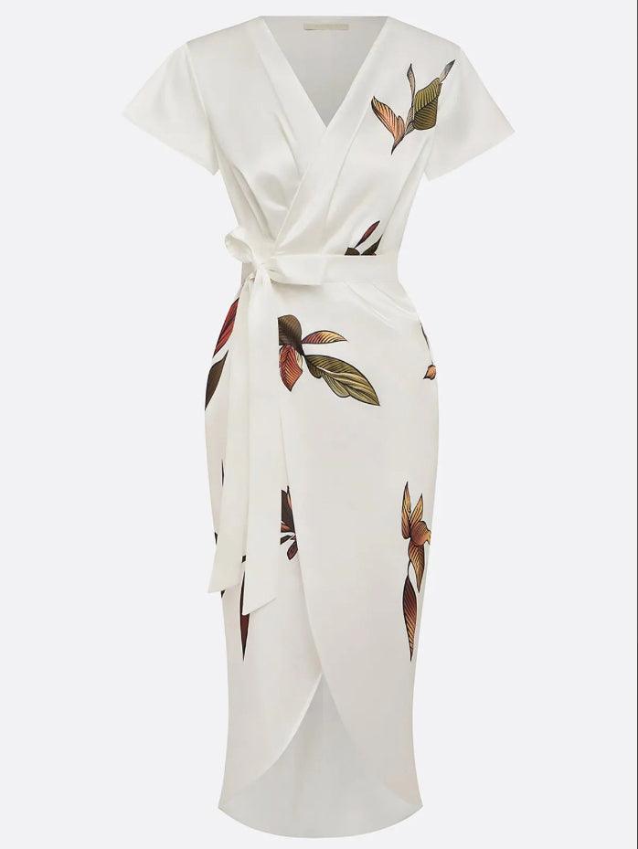 Women’s Floral Satin Wrap Midi Dress with Tie Waist