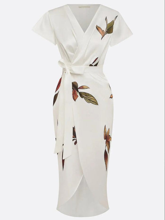 Women’s Floral Satin Wrap Midi Dress with Tie Waist