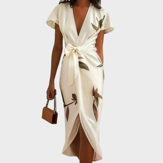 Women’s Floral Satin Wrap Midi Dress with Tie Waist