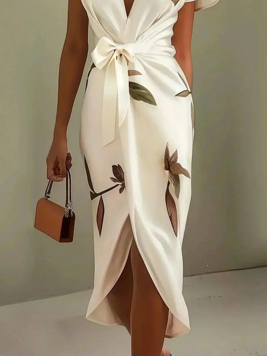 Women’s Floral Satin Wrap Midi Dress with Tie Waist