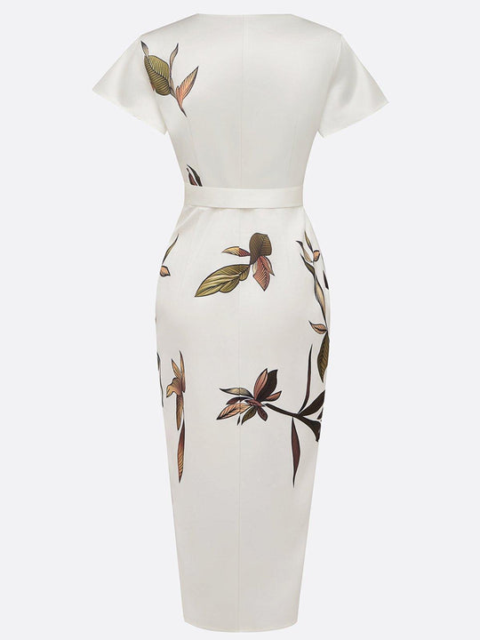 Women’s Floral Satin Wrap Midi Dress with Tie Waist