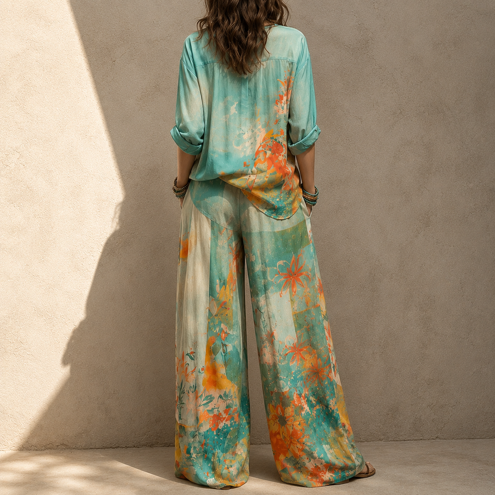 Women's Floral Trouser Set – Coordinated Top and Wide-Leg Trousers