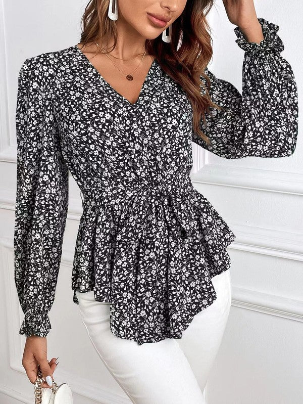 Women's Floral V-Neck Blouse – Lightweight Long-Sleeve Flowing Top