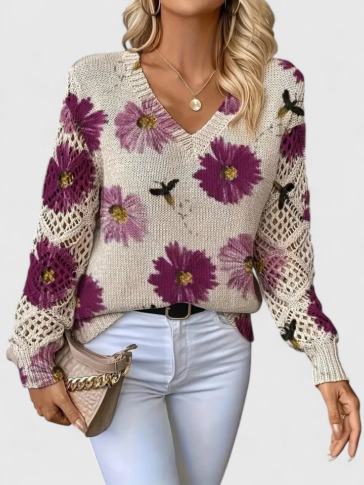 Women's Floral V-Neck Knit Sweater – Soft Lightweight Fit