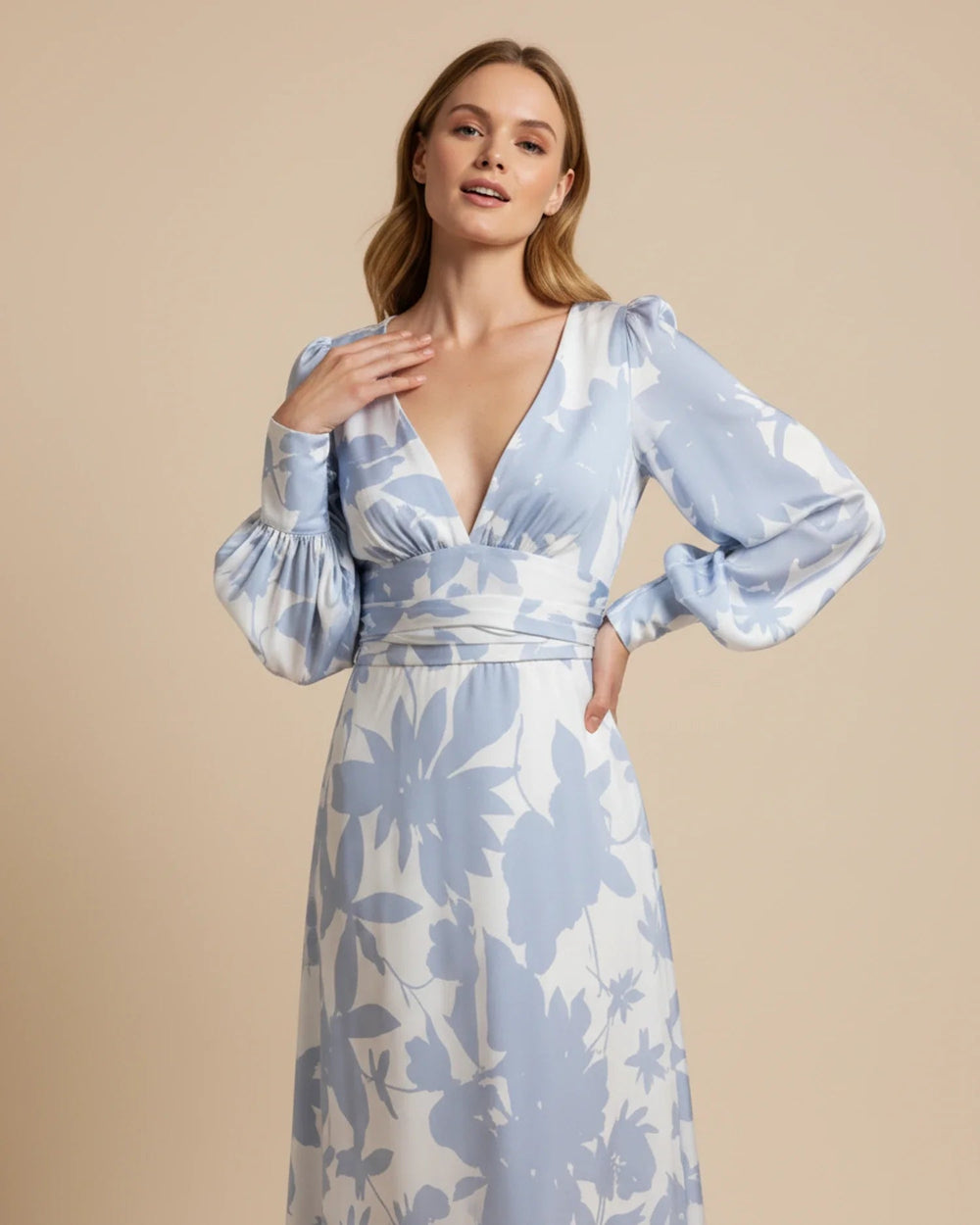 Women's Floral V-Neck Maxi Dress – Bishop Sleeves and Wrap Waist