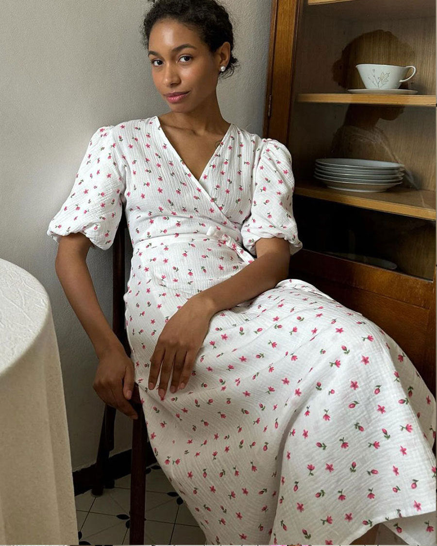 Women's Floral V-Neck Maxi Dress with Front Tie