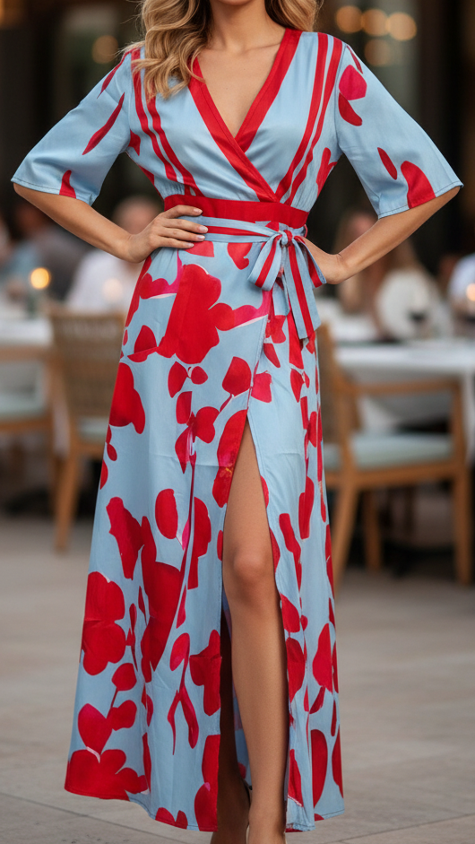 Women's Floral Wrap Maxi Dress – V-Neck and Short Sleeves