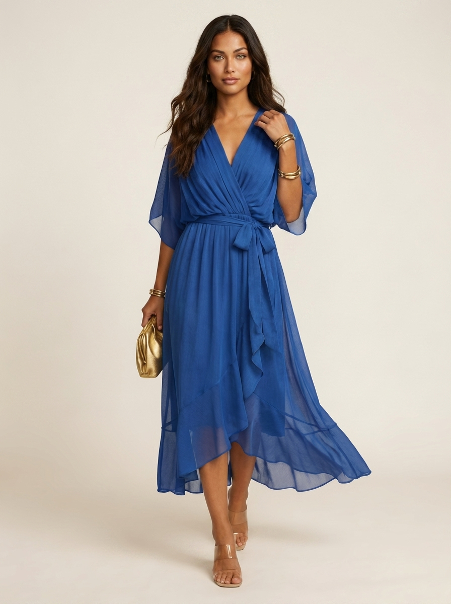 Women's Flowing Midi Wrap Dress with Belt and Ruffles