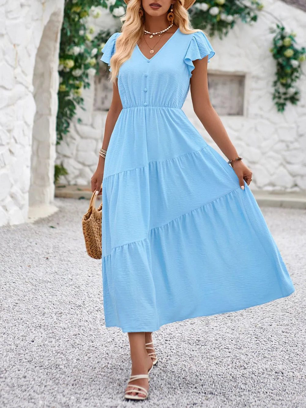 Women's Flowing V-Neck Dress with Short Ruffle Sleeves