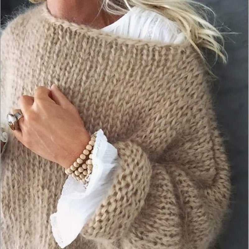 Women's Fluffy Oversized Sweater – Soft Crew-Neck Knit, S–2XL