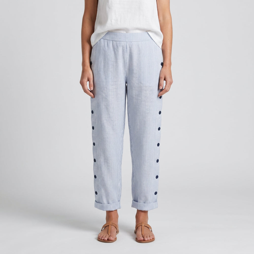 Women's Fluid Striped Trousers with Decorative Contrast Buttons