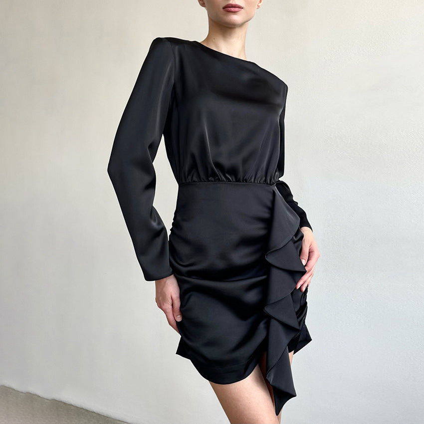Women's French-Inspired Silky Fitted Dress with Long Sleeves