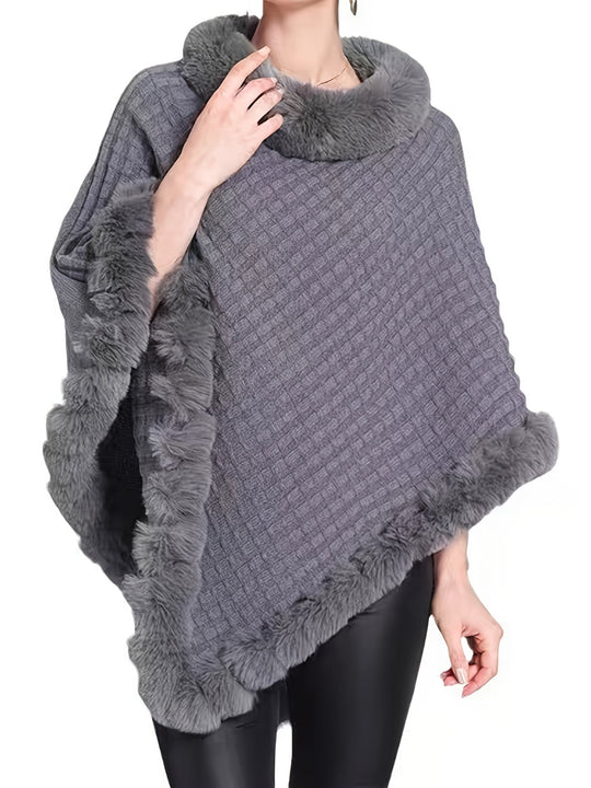 Women’s Fur-Trim Knitted Poncho – Soft Acrylic Winter Cape