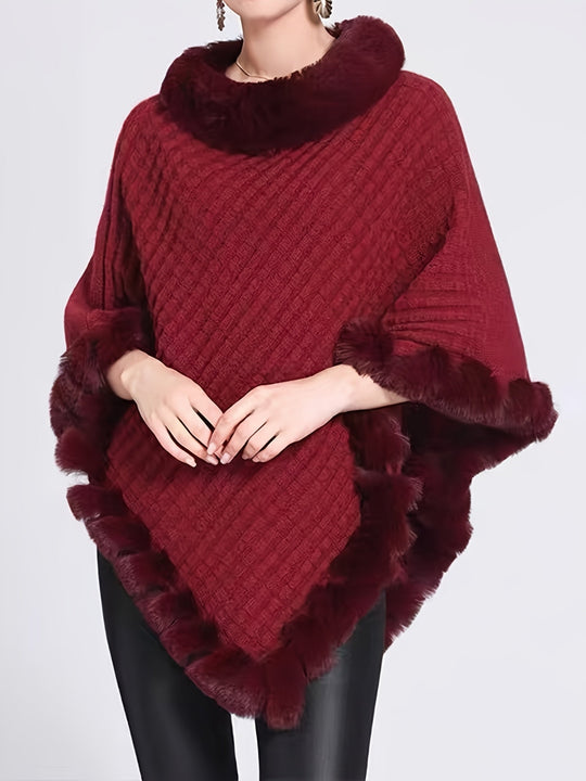 Women’s Fur-Trim Knitted Poncho – Soft Acrylic Winter Cape