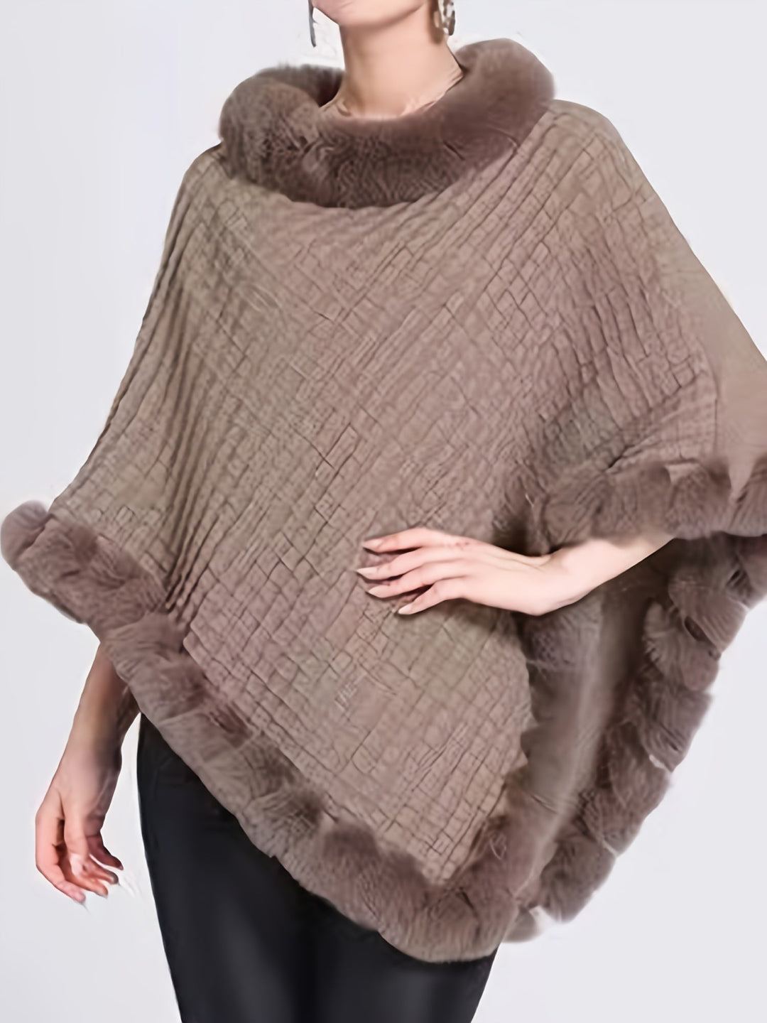 Women’s Fur-Trim Knitted Poncho – Soft Acrylic Winter Cape