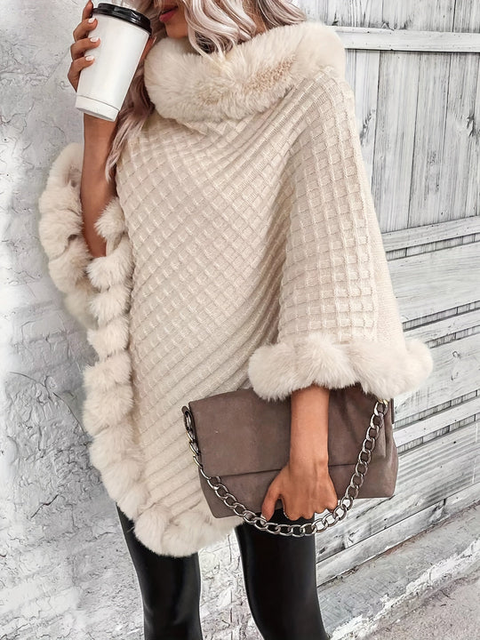 Women’s Fur-Trim Knitted Poncho – Soft Acrylic Winter Cape
