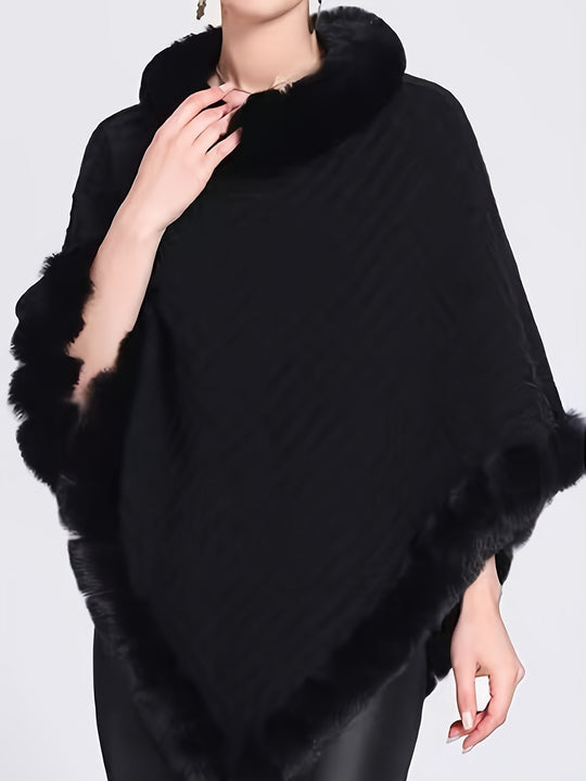 Women’s Fur-Trim Knitted Poncho – Soft Acrylic Winter Cape
