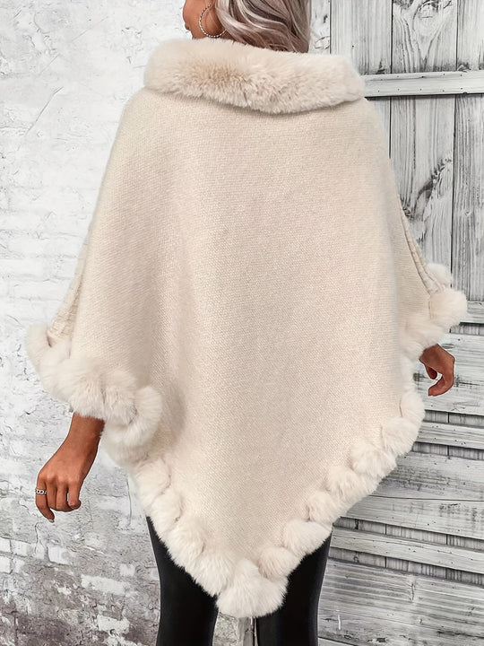 Women’s Fur-Trim Knitted Poncho – Soft Acrylic Winter Cape