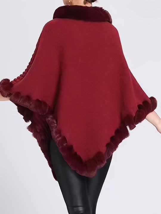 Women’s Fur-Trim Knitted Poncho – Soft Acrylic Winter Cape