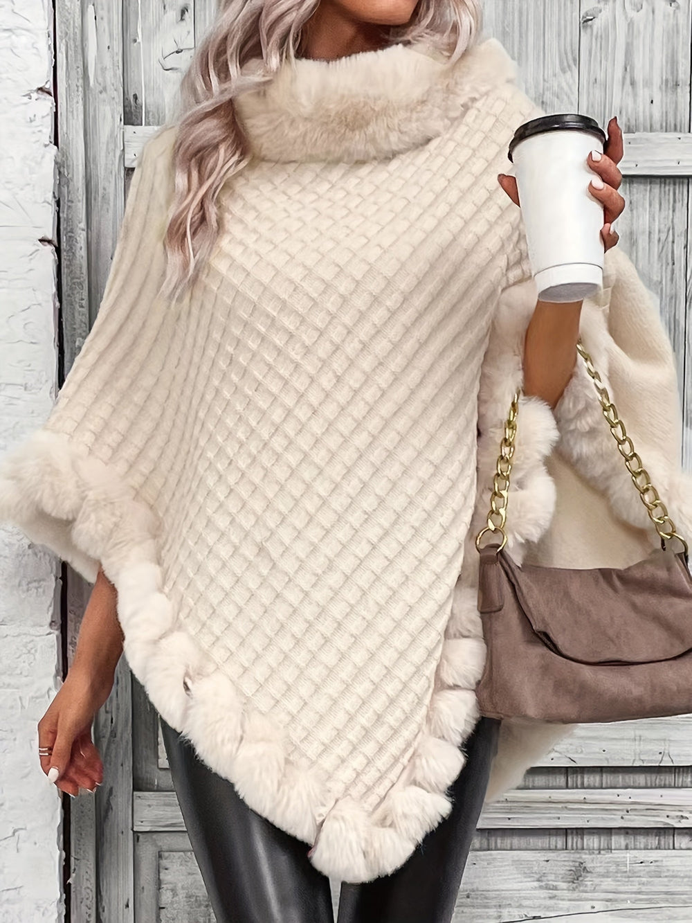 Women’s Fur-Trim Knitted Poncho – Soft Acrylic Winter Cape