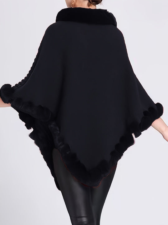 Women’s Fur-Trim Knitted Poncho – Soft Acrylic Winter Cape