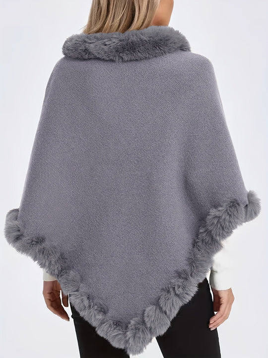 Women’s Fur-Trim Knitted Poncho – Soft Acrylic Winter Cape