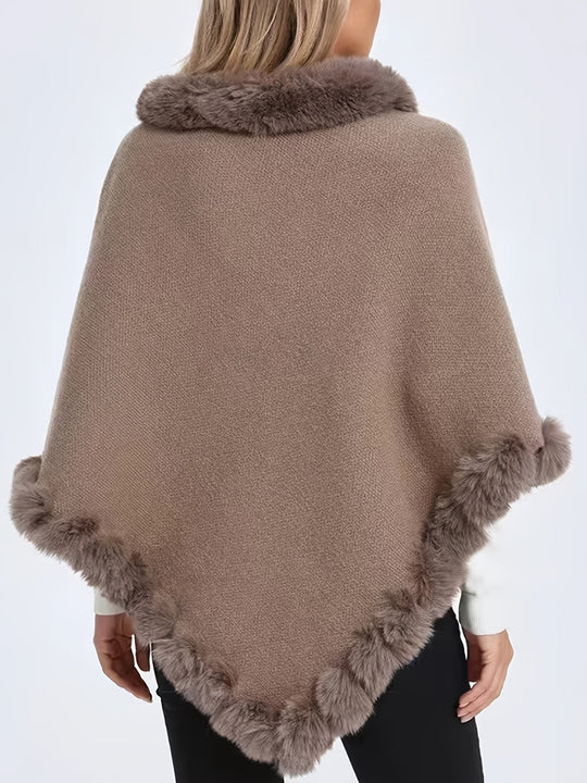 Women’s Fur-Trim Knitted Poncho – Soft Acrylic Winter Cape