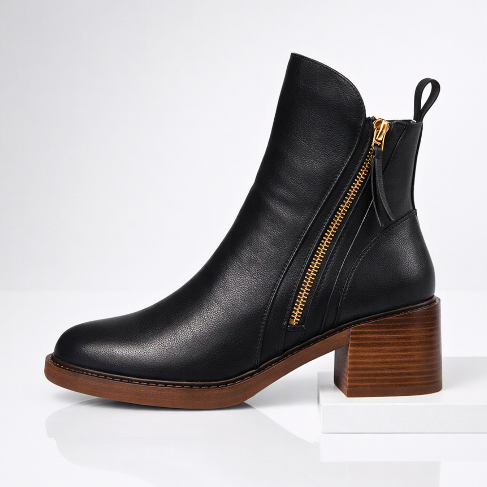 Women's Genuine Leather Ankle Boots – Stacked Heel and Metal Side Zip