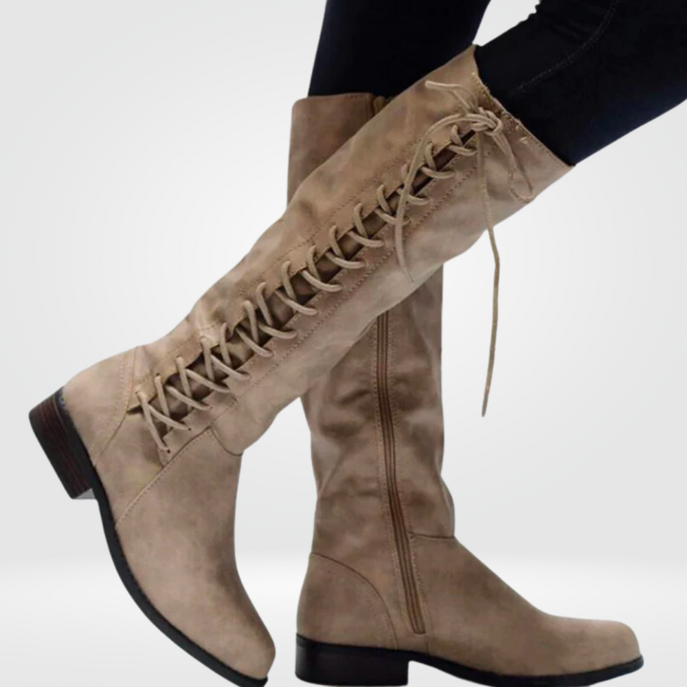 Women's Genuine Leather Tall Lace-Up Boots – Warm Lining and Low Block Heel
