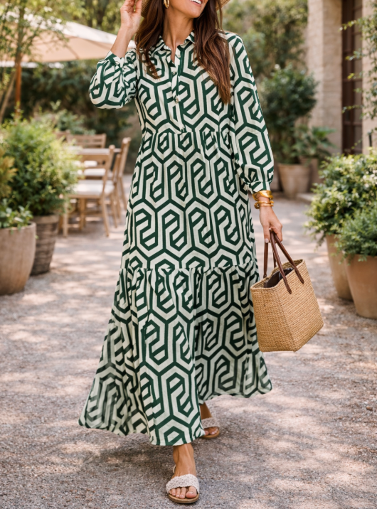 Women's Geometric-Print Maxi Dress – Long Sleeves, XS–3XL