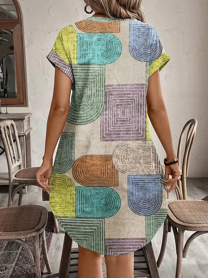 Women's Geometric-Print Mini Dress – Lightweight Flowing Summer Style
