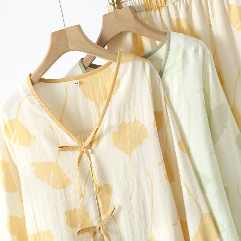 Women's Ginkgo Leaf Cotton Gauze Pyjama Set – Lightweight 2-Piece Sleepwear