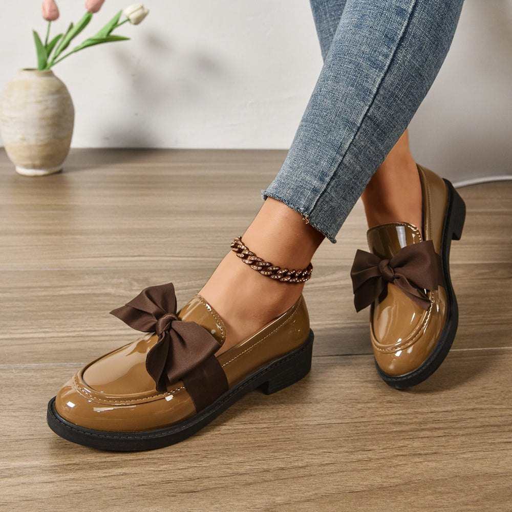 Women's Glossy Leather Bow Loafers with 2–4 cm Platform Sole