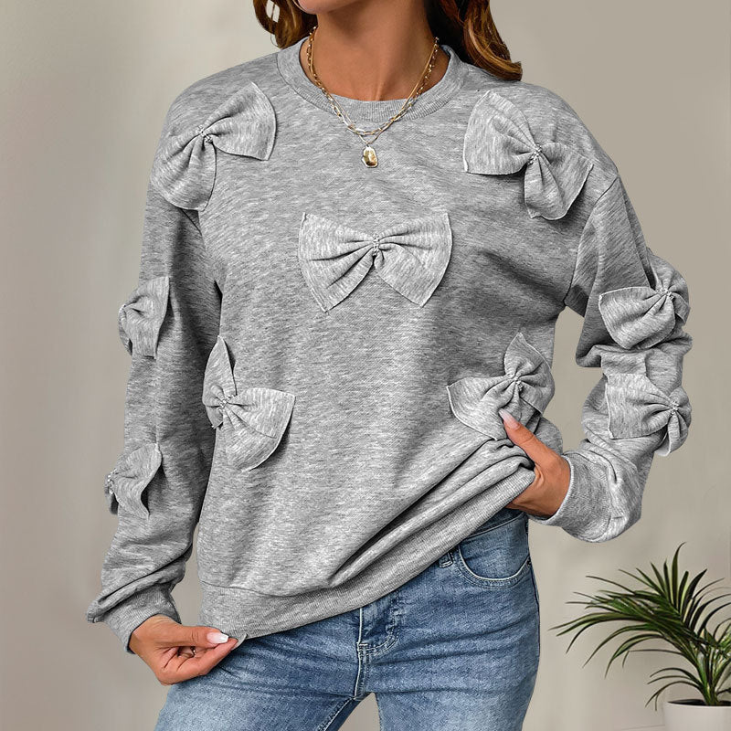 Women's Grey Crew-Neck Sweater with Sewn Bow Detail