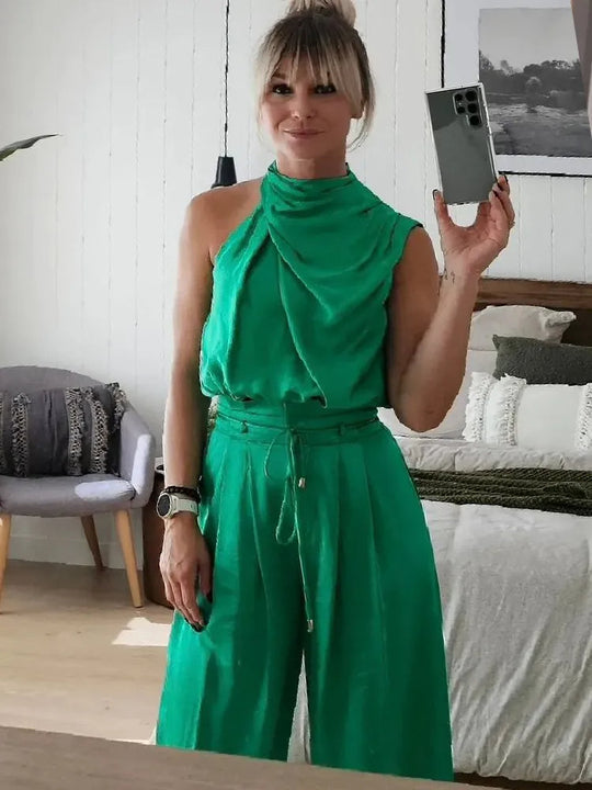Women’s Halter Crop Top and Palazzo Trouser Set – Chic Two-Piece Outfit