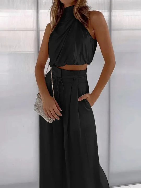 Women’s Halter Crop Top and Palazzo Trouser Set – Chic Two-Piece Outfit