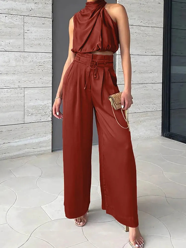 Women’s Halter Crop Top and Palazzo Trouser Set – Chic Two-Piece Outfit