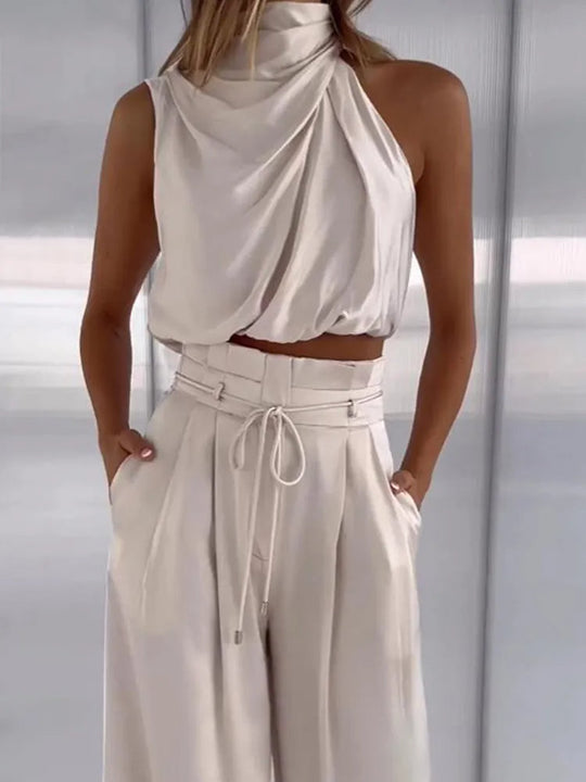 Women’s Halter Crop Top and Palazzo Trouser Set – Chic Two-Piece Outfit