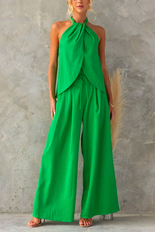 Women's Halter Trouser Set – Sleeveless Slit Top and Wide-Leg Trousers
