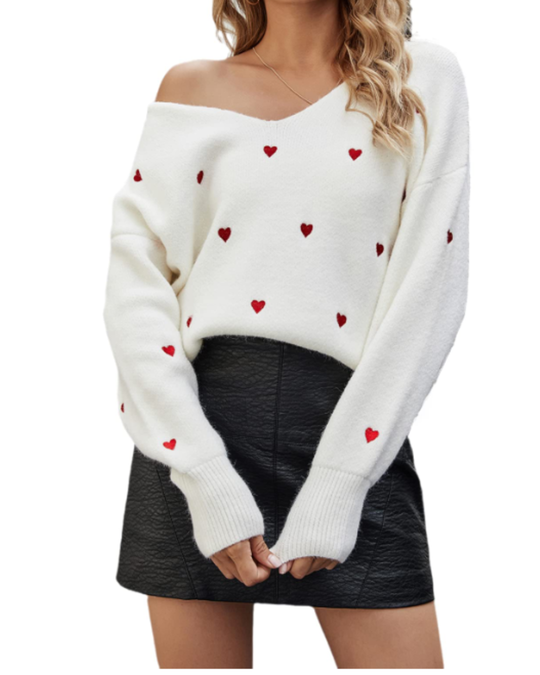 Women’s Heart-Pattern V-Neck Sweater – Relaxed Midweight Knit