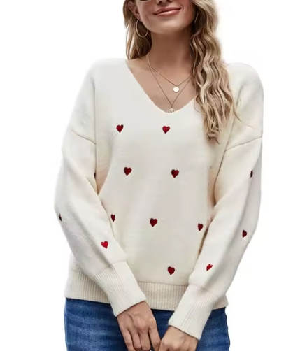 Women’s Heart-Pattern V-Neck Sweater – Relaxed Midweight Knit