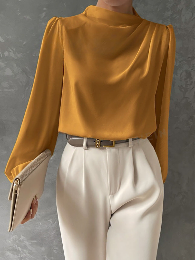 Women's High-Neck Blouse – Flowing Long-Sleeve Work and Evening Top