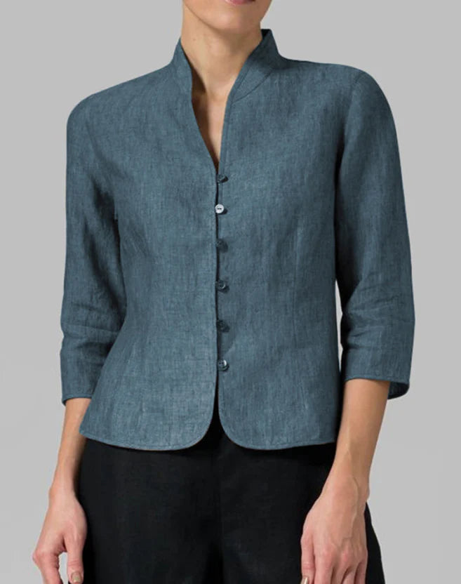 Women's High-Neck Button-Front Blouse with Three-Quarter Sleeves, S–2XL
