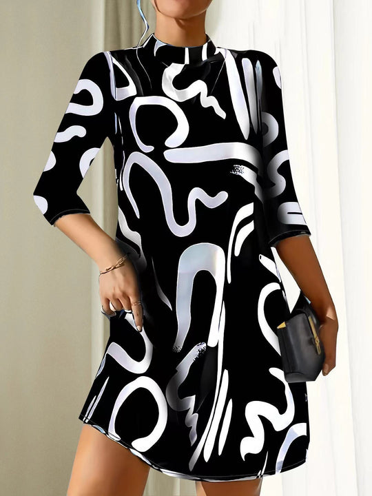 Women’s High-Neck Mini Dress with Three-Quarter Sleeves