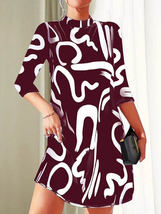 Women’s High-Neck Mini Dress with Three-Quarter Sleeves