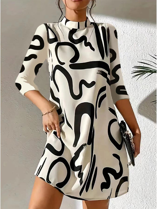 Women’s High-Neck Mini Dress with Three-Quarter Sleeves