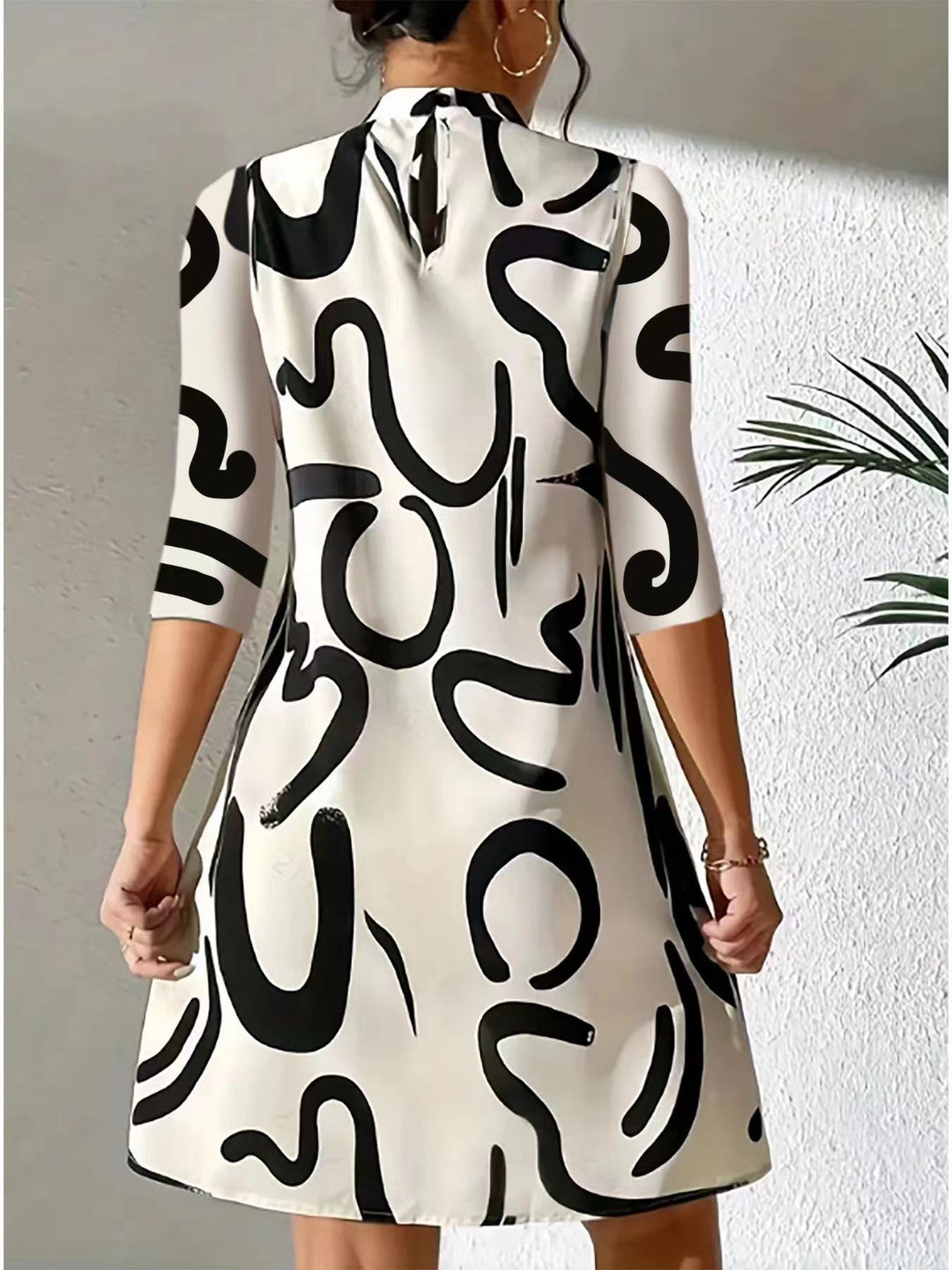 Women’s High-Neck Mini Dress with Three-Quarter Sleeves