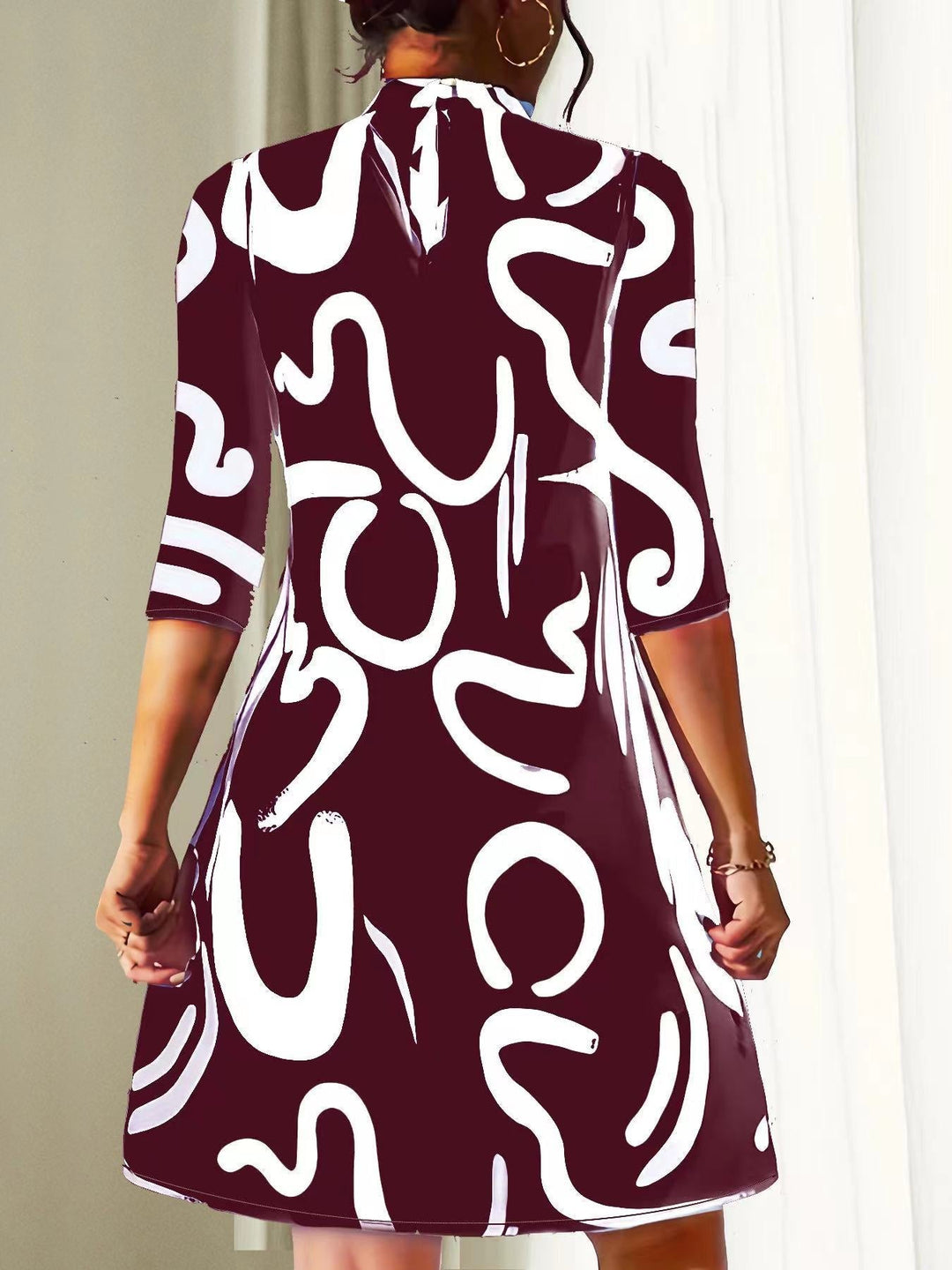 Women’s High-Neck Mini Dress with Three-Quarter Sleeves